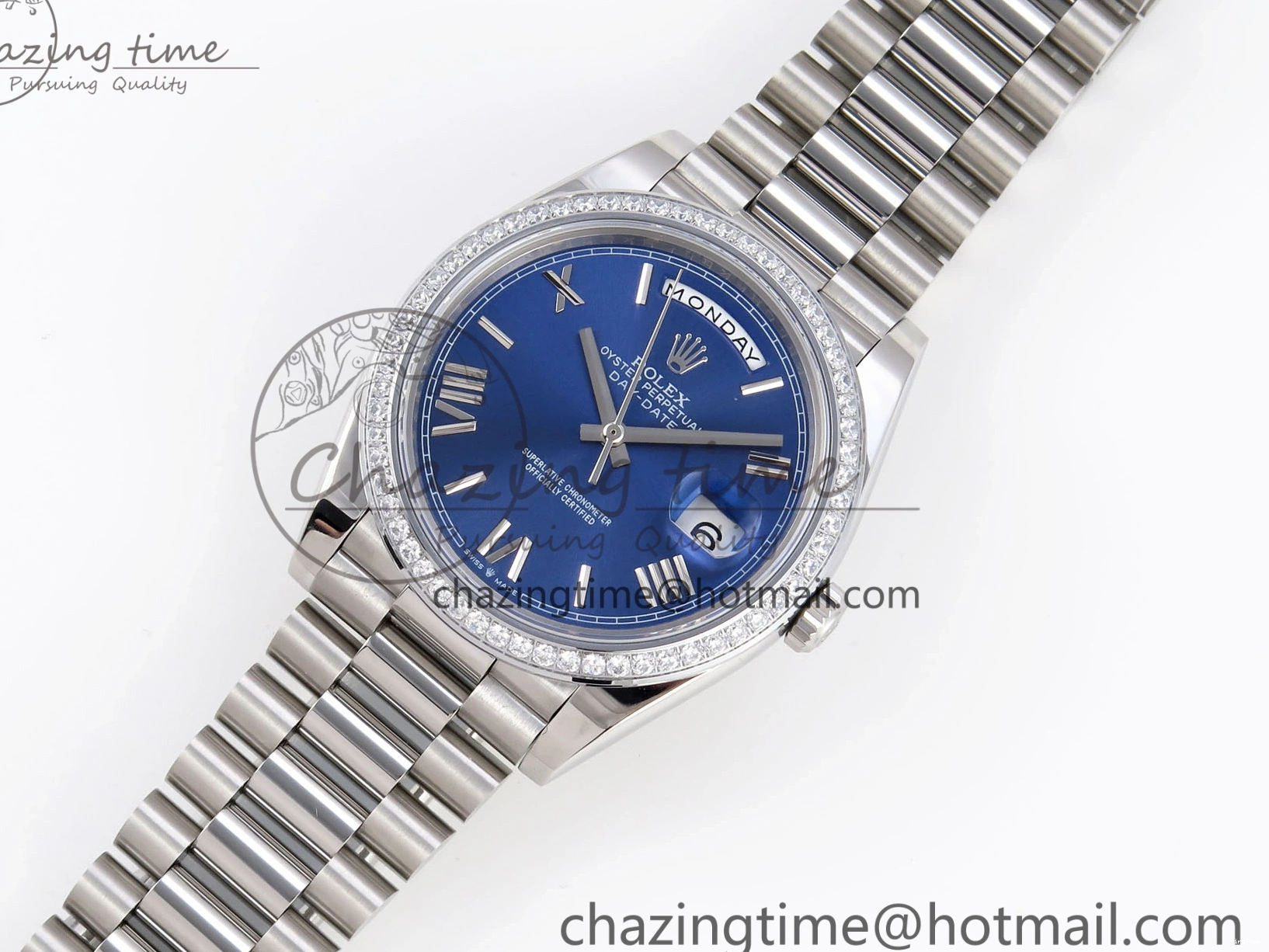 MiroTime 0523 QuickDry DayDate 40 SS GSF Gain Weight Blue Roman Dial Diamonds Bezel on President Bracelet A 1917